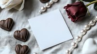 Romantic composition with blank white card, dark red rose, pearl necklace and heart-shaped chocolate candies on light linen background. For Valentine's day design.