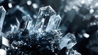 Crystalline mineral formation with translucent prisms emerging from dark base, showcasing natural geometric structures in cool blue tones.