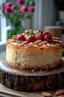 Fresh baked almond cheesecake topped with ripe strawberries and sliced nuts on rustic wooden stand, pink flowers in background creating cozy atmosphere.