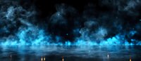 Mysterious glowing blue fog hovering over dark water surface with light reflections creates ethereal atmospheric night scene for fantasy and horror projects.