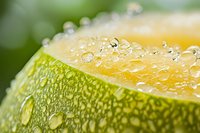 Fresh juicy lime slice with water droplets on green textured peel, extreme close-up macro photography against blurred natural background.