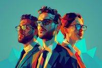 Low poly portrait of business team with glasses against turquoise background, showing leadership and professional confidence in modern corporate environment.