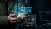 Hands holding glowing digital circuit tree with technological connections in futuristic cyber environment for innovation and growth concepts.