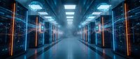 Modern data center server room with glowing orange LED lights and blue atmospheric lighting creating futuristic technology infrastructure corridor.