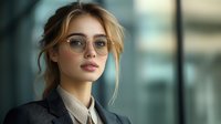 Young woman with light brown hair wearing round eyeglasses and dark blazer in modern office setting, professional portrait for business and corporate design projects.