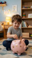 Young boy with brown hair and light skin tone, wearing striped shirt, inserting coin into pink piggy bank with gold stars in playroom. Financial literacy and savings concept for children.