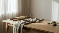 Spa massage table with hot stones, bamboo sticks and towel in serene wellness room with natural sunlight for relaxation and therapeutic treatments.