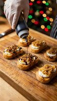 Chef drizzling chocolate sauce on gourmet appetizers with festive bokeh lights creating warm holiday atmosphere for entertaining and culinary presentations.