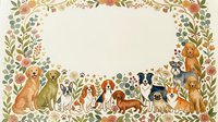 Adorable dogs of various breeds sitting in decorative floral border frame with botanical elements, perfect for pet-themed designs and greeting cards.