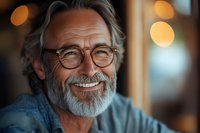 Mature Caucasian man with gray beard and glasses smiling warmly at camera. Natural lighting creates soft bokeh effect in background. Genuine happiness and wisdom conveyed.