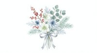Watercolor winter bouquet with eucalyptus, pine branches and berries tied with ribbon on white background for holiday greeting cards and seasonal designs.