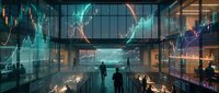 Modern financial trading floor with holographic market data displays and silhouetted analysts working in futuristic glass office environment at night.