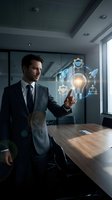 Professional businessman touching glowing lightbulb hologram with innovation icons in modern office conference room for creative business solutions.
