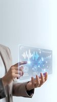 Businessman interacting with futuristic holographic interface displaying health data analytics and mood tracking technology for medical applications.