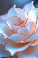 Delicate white rose petals with coral pink edges in macro photography, soft focus creating dreamy atmosphere with bokeh effect and ethereal glow.