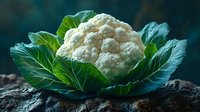 Fresh white cauliflower head with green leaves on dark rustic background, close up view of organic vegetable produce with dramatic lighting.