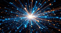 Digital burst of light rays with blue and orange particles radiating from bright center creating dynamic energy explosion effect for technology backgrounds.