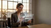 Professional businesswoman using futuristic holographic interface technology in modern office workspace for digital innovation and data analysis.