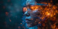 Dramatic profile portrait of African American woman in protective glasses surrounded by glowing orange sparks and blue technological elements, perfect for tech innovation themes.