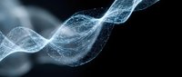 Glowing digital wave with particle effects flowing across dark background, suitable for technology, science, and data visualization projects.
