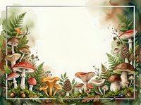 Watercolor forest mushroom frame with ferns, toadstools and wild plants surrounding a blank center space for text or design.
