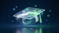 Digital graduation cap with glowing green circuits and floating data particles representing online education technology and e-learning achievement.