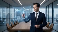 Professional businessman in dark suit interacting with holographic audit compliance interface in modern corporate boardroom with glass walls.