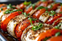 Fresh caprese salad with alternating slices of ripe tomatoes and mozzarella, garnished with herbs and balsamic glaze, macro food photography with selective focus.