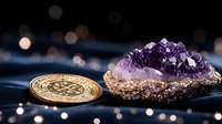 Purple amethyst crystal cluster with raw edges next to golden cryptocurrency coin on dark background with soft bokeh lights creating magical atmosphere.