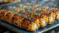 Grilled corn on the cob with caramelized glaze and fresh herbs, steaming hot on rustic ceramic plate. Close up view showing charred kernels and glossy sauce.