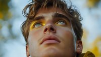 Young man with curly brown hair looking up thoughtfully with golden sunlight creating warm lens flares and dreamy bokeh background for lifestyle content.