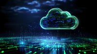 Glowing neon cloud computing symbol floating over digital network grid with blue and green light trails, representing data storage and online connectivity.