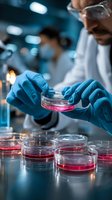 Middle Eastern male scientist in lab coat and protective gear examining petri dishes with red culture medium in modern research laboratory setting.