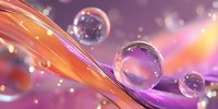 Transparent water droplets on vibrant orange and purple abstract surface with bokeh light effects in macro photography.