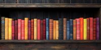 Row of colorful vintage hardcover books arranged on rustic wooden shelf against dark background, creating classic library atmosphere for education and literature concepts.
