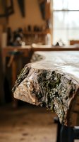 Raw wood log with bark and moss in rustic workshop setting for woodworking and crafting projects.