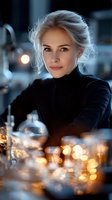 Young blonde Caucasian woman scientist in black turtleneck working in modern laboratory with glassware and warm bokeh lighting for research concepts.