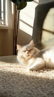 White fluffy cat sleeping peacefully in sunlight on cozy armchair with carpet, natural window lighting creates warm atmosphere for relaxing pet photography.