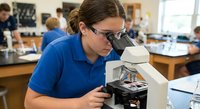 Young Caucasian female scientist in blue shirt using microscope in modern laboratory for research and analysis work.