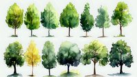 Watercolor collection of hand painted trees in various shades of green and yellow, perfect for nature-themed designs, landscaping projects and botanical illustrations.