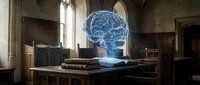 Glowing blue holographic brain floating above ancient books in gothic library interior with stone arches and wooden furniture for education and neuroscience concepts.