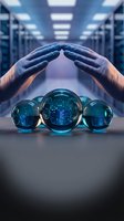 Hands protecting glowing digital spheres with circuit patterns in modern server room, representing data security, technology innovation, and future computing solutions.