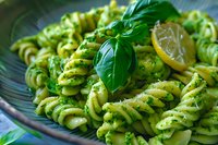 Fresh fusilli pasta with vibrant green pesto sauce and basil leaves in ceramic bowl. Homemade Italian cuisine ready for lunch or dinner meal preparation.