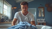 Young Caucasian man in white t-shirt doing laundry at home, folding clean clothes while standing in modern kitchen with blue walls and natural lighting.