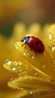 Red ladybug on wet yellow flower petal with morning dew drops, macro nature photography showing delicate water droplets in soft natural lighting.