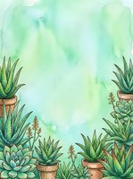 Watercolor succulent plants in terracotta pots frame border on green wash background for botanical design projects and natural home decor themes.
