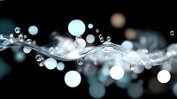 Abstract water splash with transparent bubbles and bokeh light effect on dark background, creating dynamic fluid motion and ethereal atmosphere.