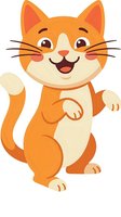 Cheerful orange and white cat character with raised paw, smiling expression, isolated on transparent background. Suitable for children's designs, greeting cards, stickers, and merchandise applications.