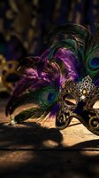 Ornate venetian carnival mask with peacock feathers and golden details on wooden surface for masquerade ball celebration and festive party decoration.