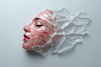 Crumpled paper transforms into woman profile with red veins, conceptual art about human fragility, mental health awareness, creative metamorphosis design.
